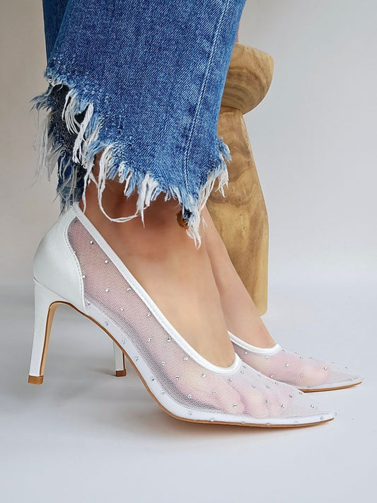 Escarpins bout pointu transparent avec strass Blanc