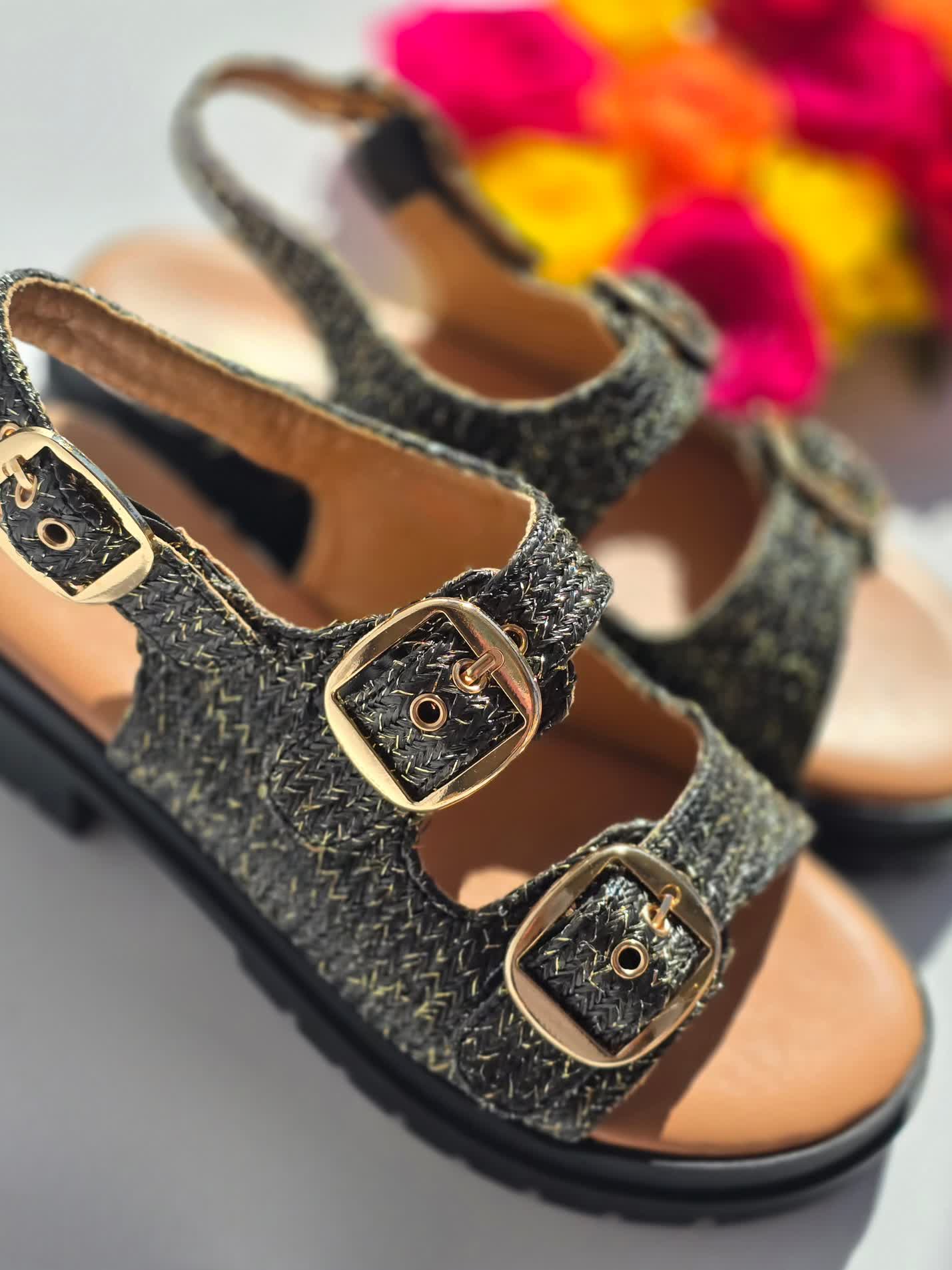 Sandales doubles boucles Toile Noir liseré Doré