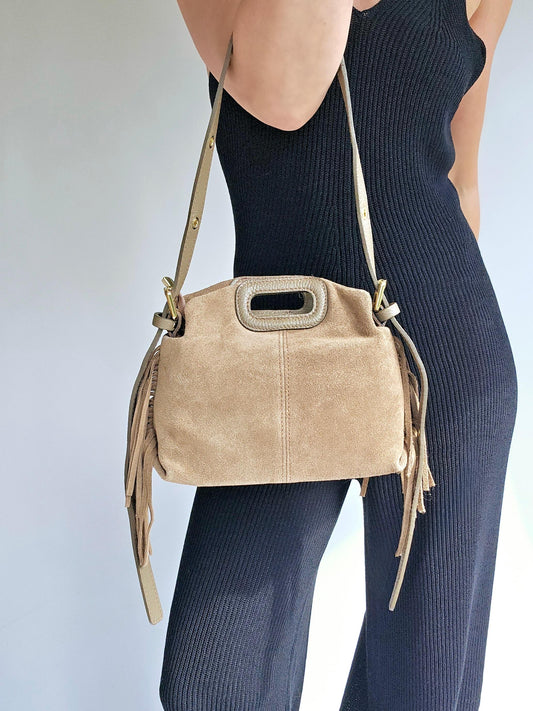 Sac frange bandouillère rivets Petit Taupe