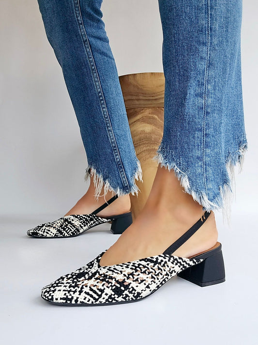 Slingbacks petit talon tressées Corina Noir & Blanc