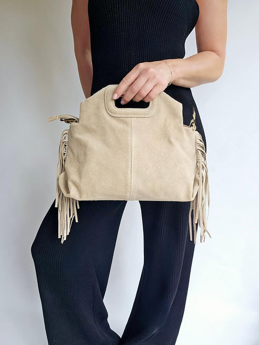 Sac frange bandouillère rivets grand Beige