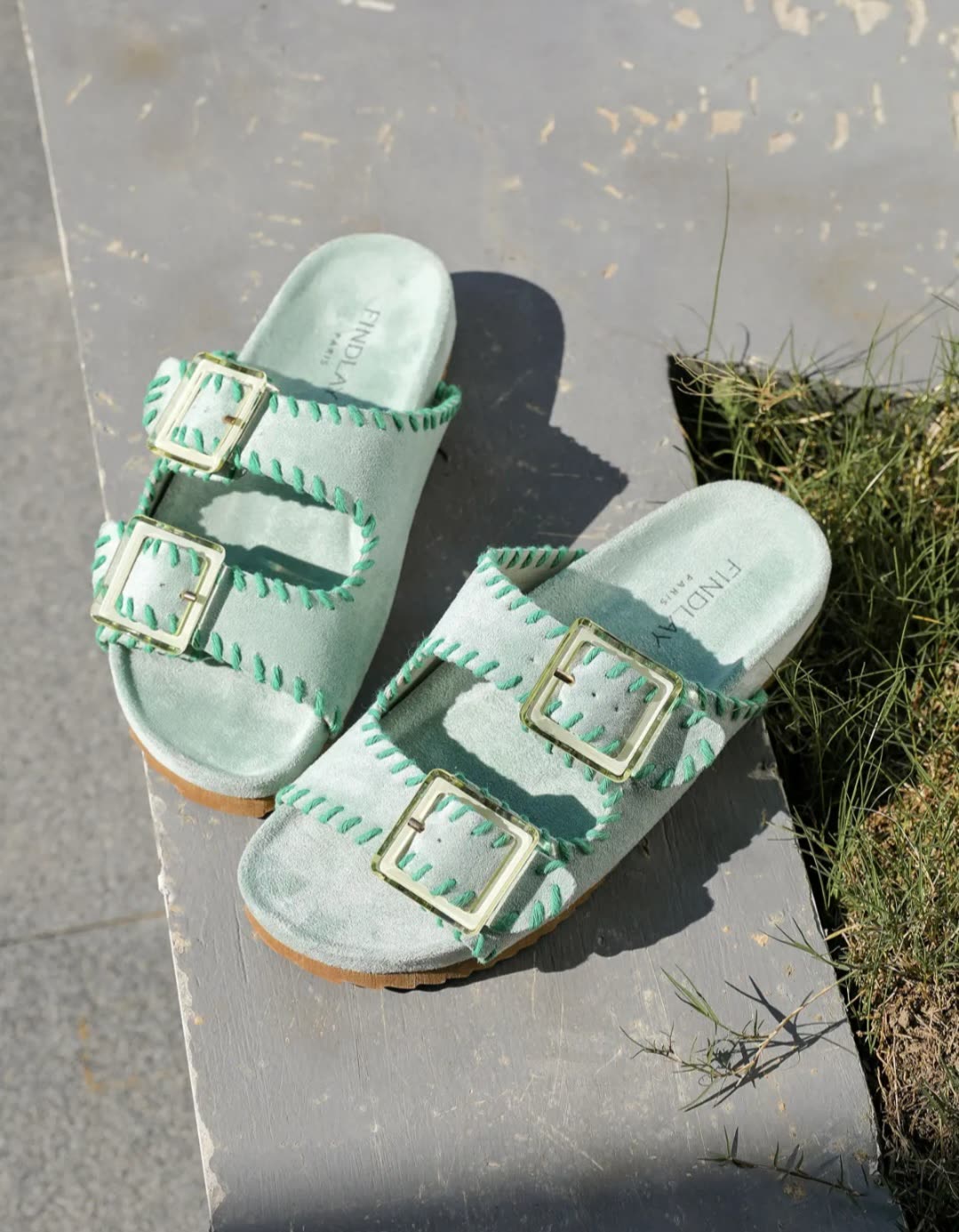 Mules doubles brides coutures Vert d'eau