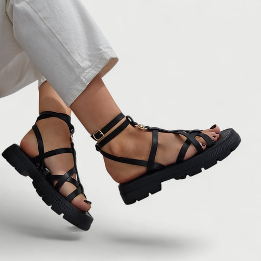 Sandales spartiates à brides fines soleil – Noir