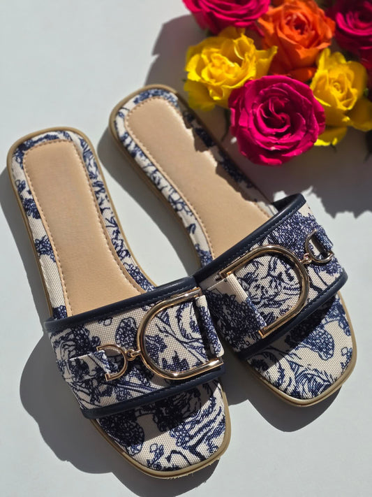 Mules claquettes toile de jouy  Bleu