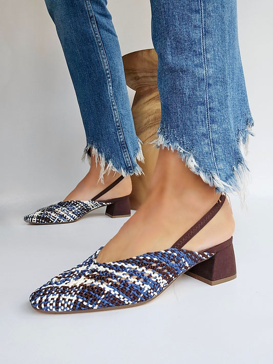 Slingbacks petit talon tressées Corina Marron & Bleu