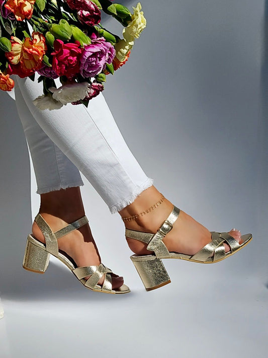 Gold Cross Strap Heeled Sandals
