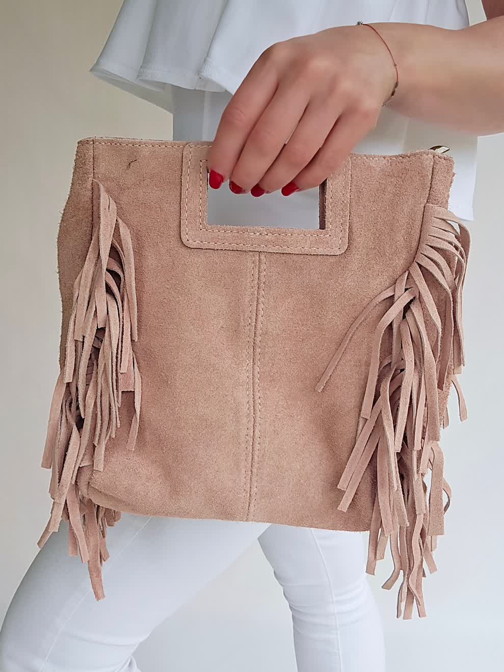 Sac bandouillère Frange Rose pastel
