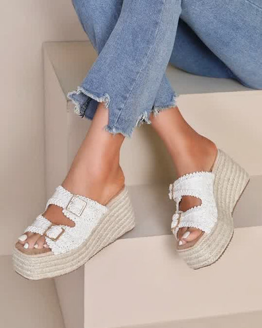 Mules espadrilles plateau doubles boucles Dentelle Beige