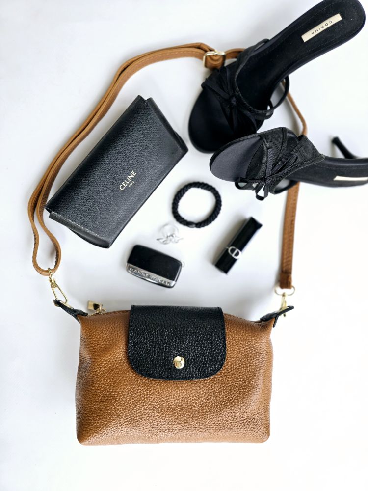 Mini sac rabat 100% cuir bandouillère Camel