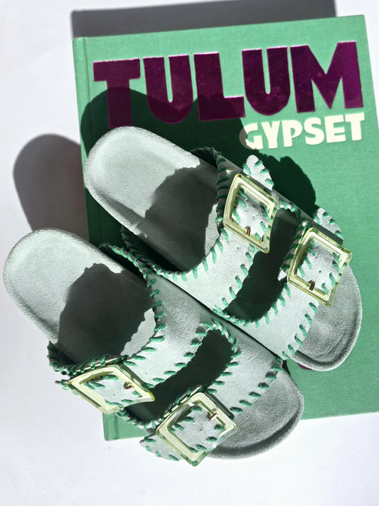 Mules doubles brides coutures Vert d'eau
