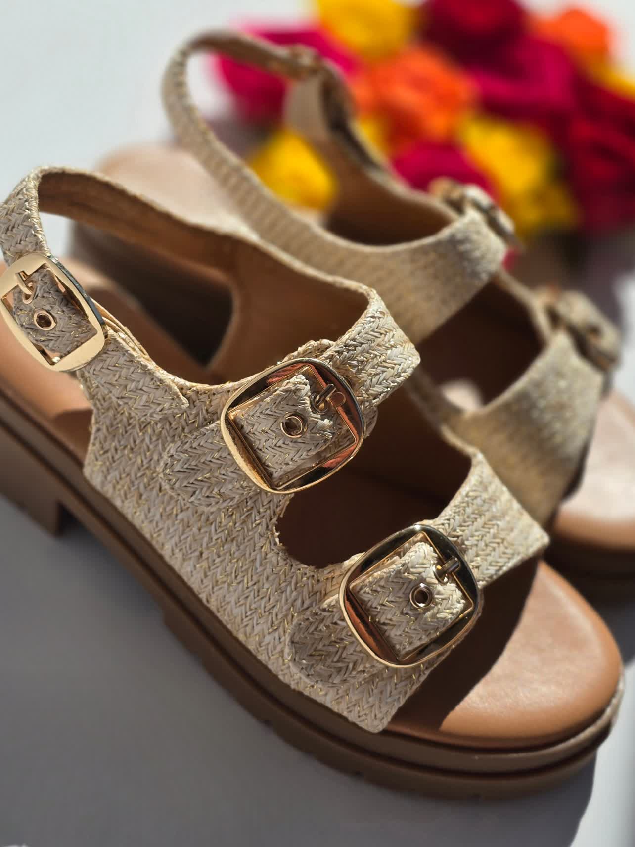 Sandales doubles boucles Toile Beige liseré Doré