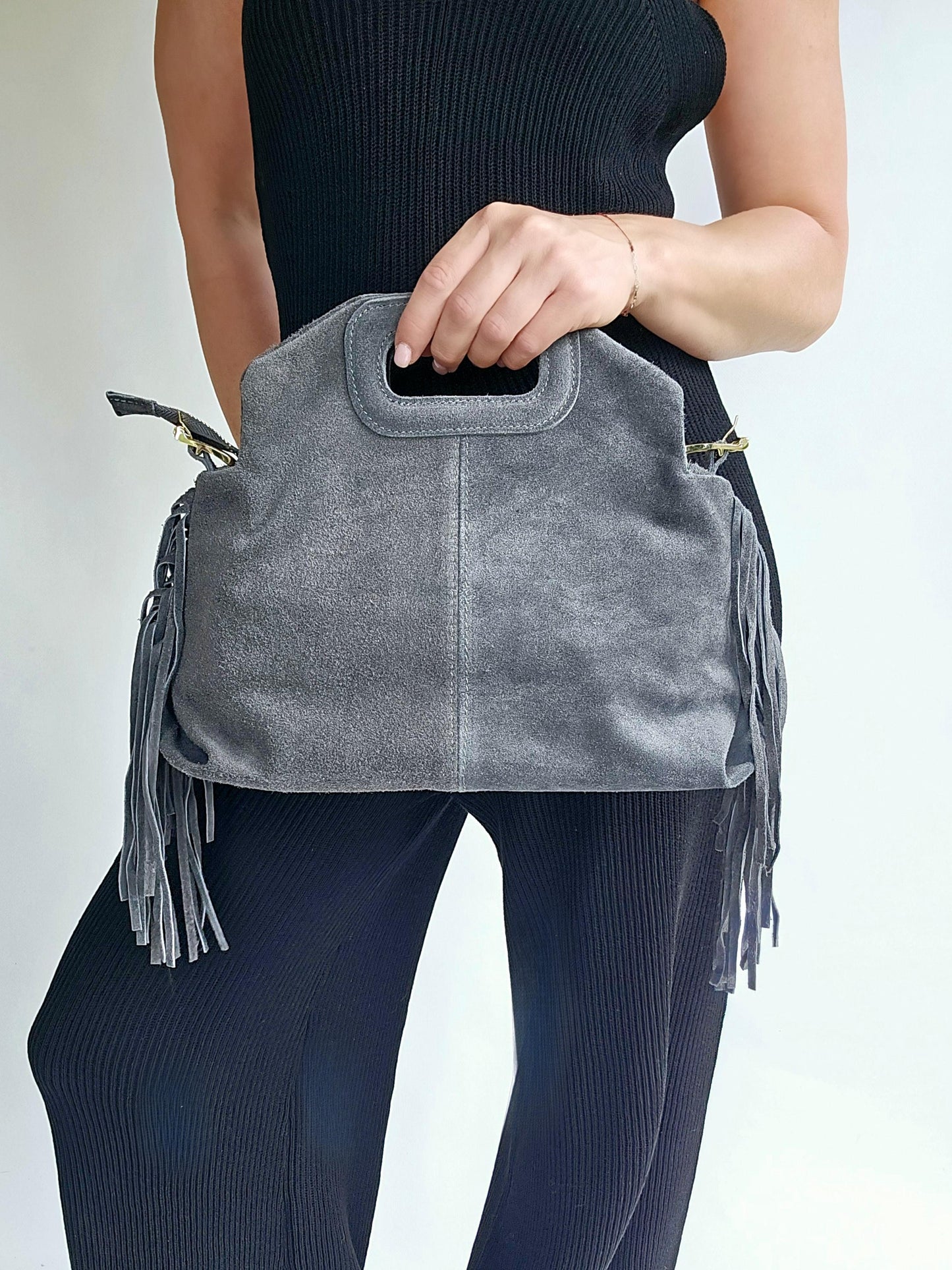 Sac frange bandouillère rivets Grand Gris
