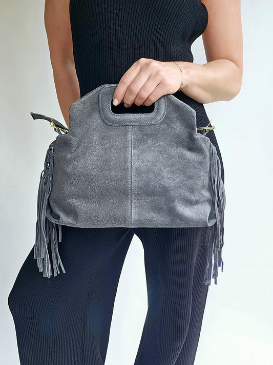 Sac frange bandouillère rivets Grand Gris