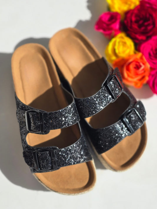 Mules plate-forme espadrilles Paillettes Noir
