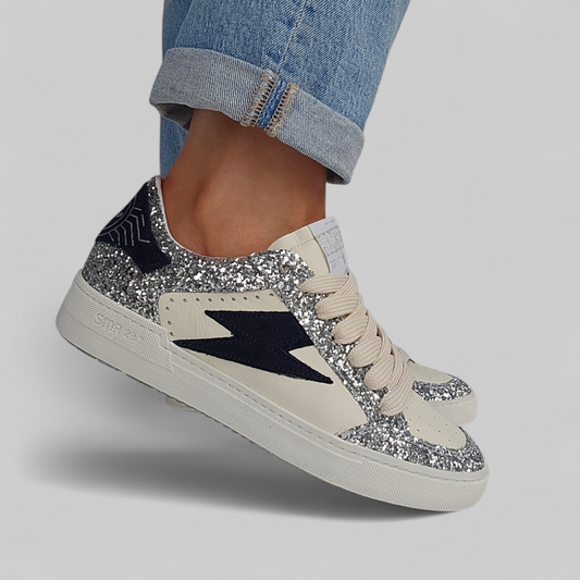 Basket Semerdjian Noubar D429 Cuir crème, Argent & Éclair Bleu Marine