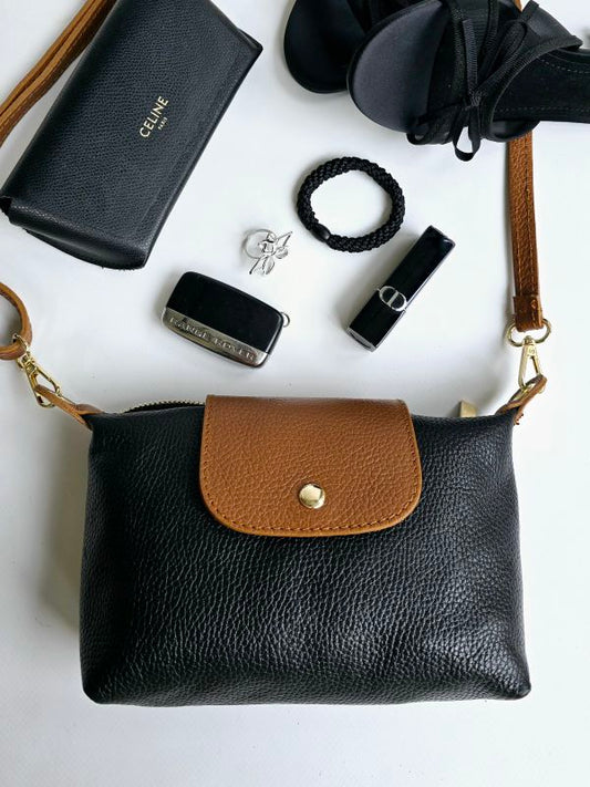 Mini sac rabat 100% cuir bandouillère Noir