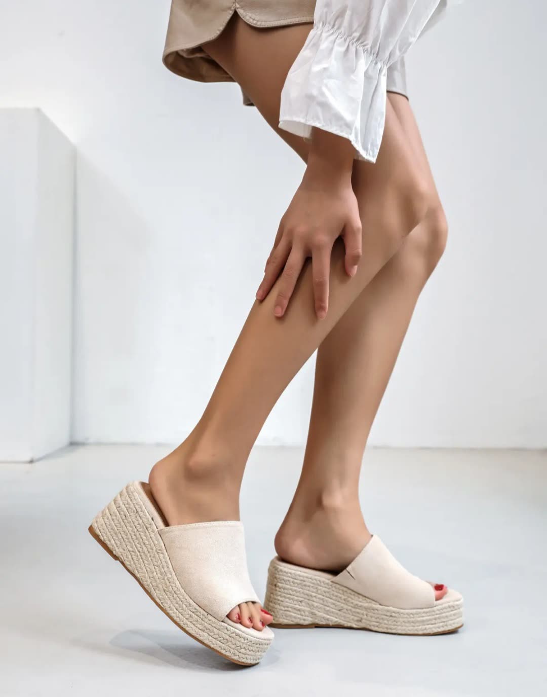Mules compensées espadrilles platforme Beige