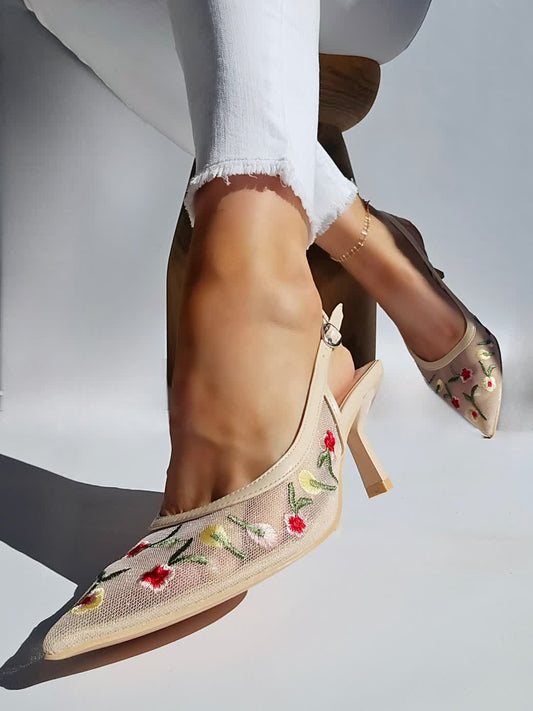 Escarpins petit talon Fleur Beige