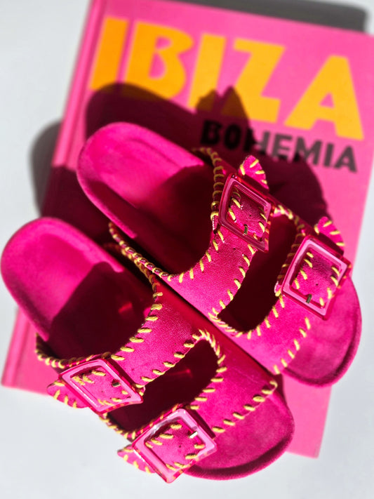 Mules doubles brides coutures Fushia