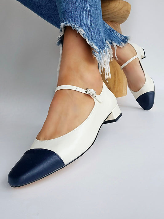 Ballerines babbies petit talon Corina Écru & Marine