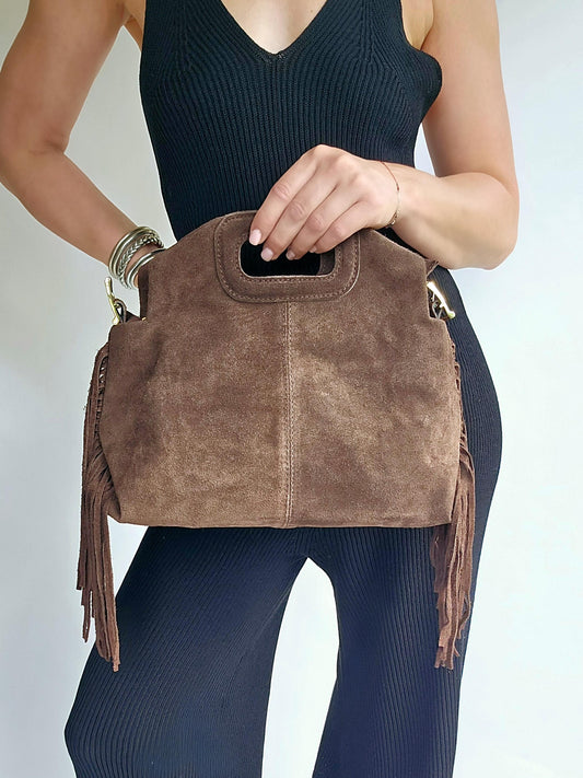 Sac frange bandouillère rivets Grand Taupe