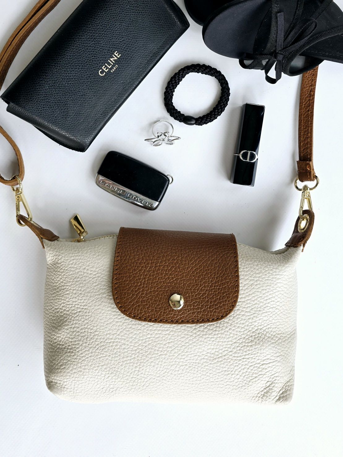 Mini sac rabat 100% cuir bandouillère ÉCRU