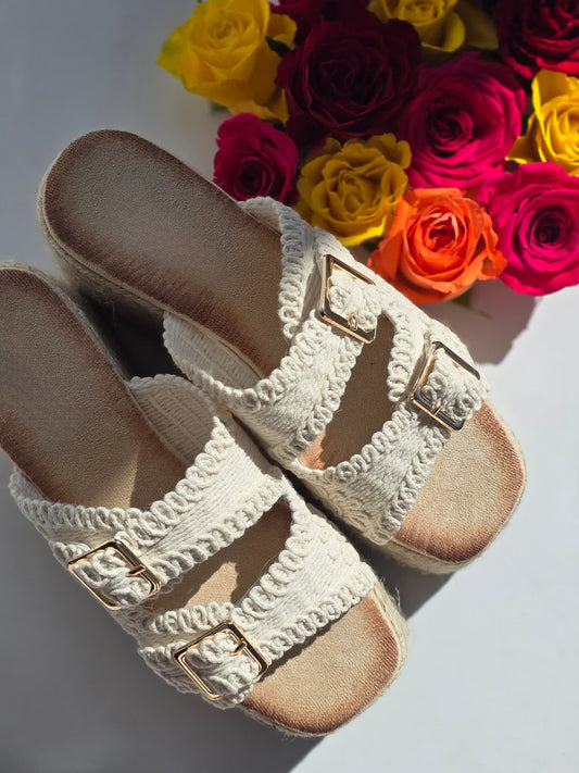 Mules espadrilles plateau doubles boucles Dentelle Beige