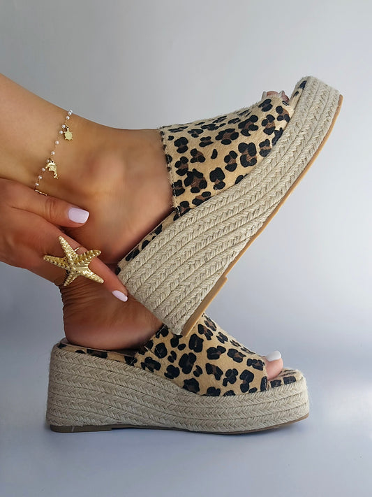 Mules compensées espadrilles platforme Léopard