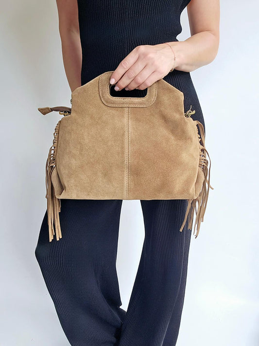 Sac frange bandouillère rivets Grand Camel clair