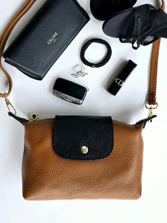 Mini sac rabat 100% cuir bandouillère Camel