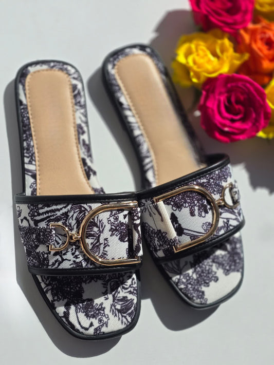Mules claquettes toile de jouy Noir