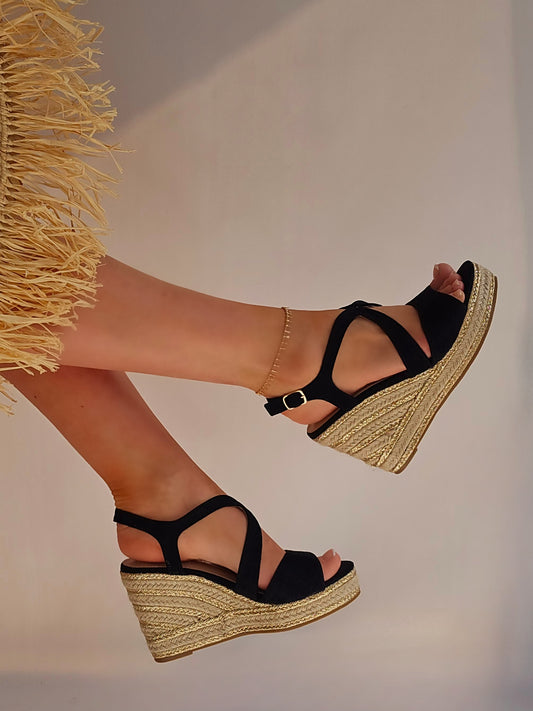Sandales compensées espadrilles talon liseré Doré Noir