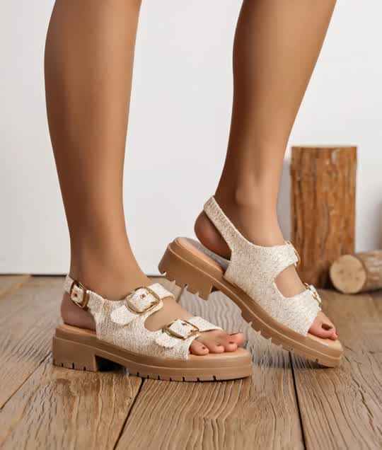 Sandales doubles boucles Toile Beige liseré Doré
