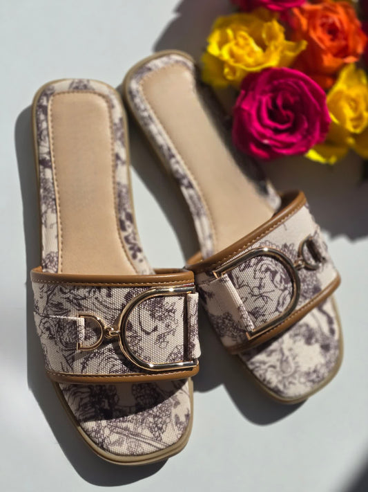 Mules claquettes toile de jouy Beige