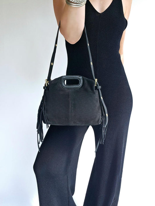 Sac frange bandouillère rivets Petit Noir