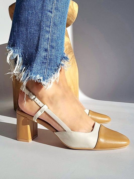 Escarpins slingbacks bicolore Camel