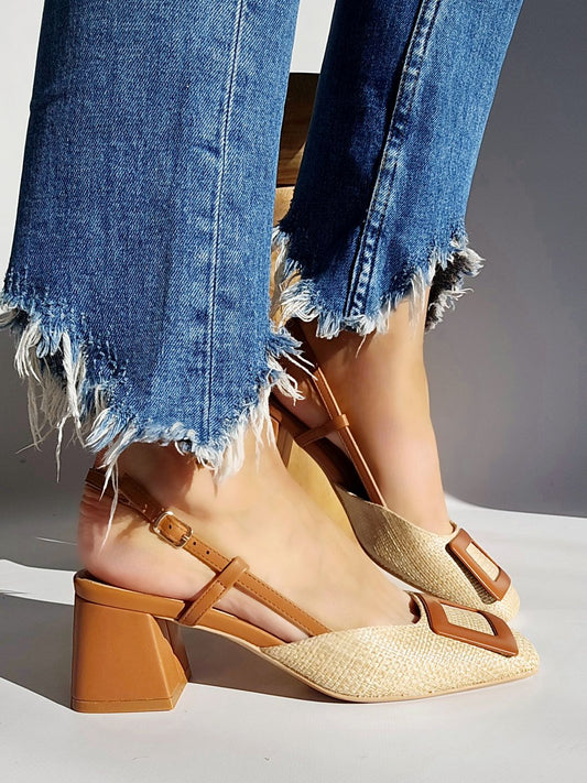 Escarpins slingbacks raphia Camel