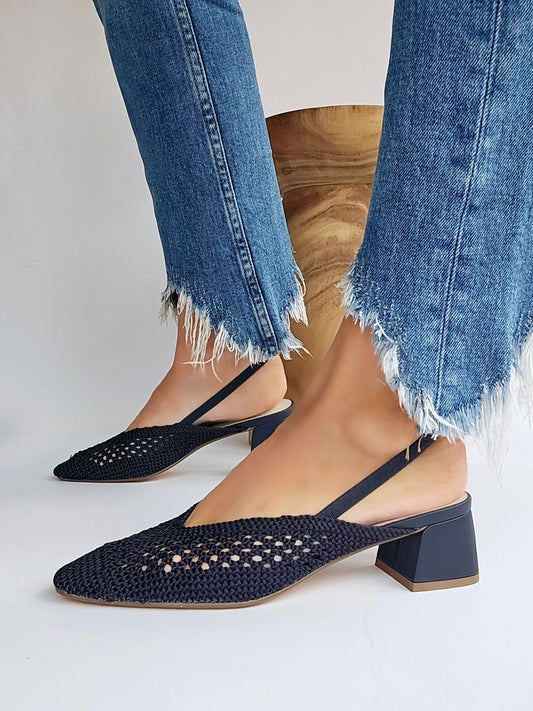 Slingbacks petit talon tressées Corina Bleu marine