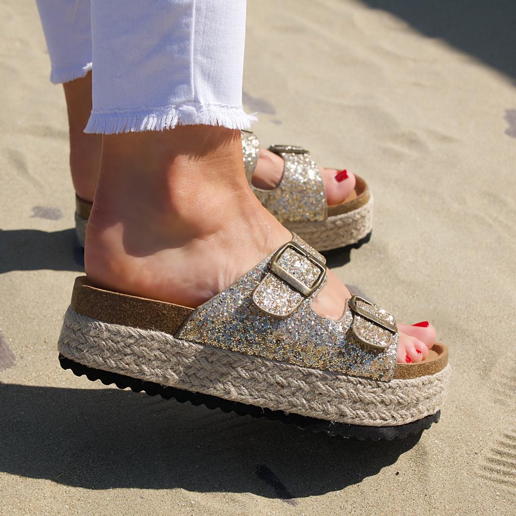 Mules plate-forme espadrilles Paillettes Doré