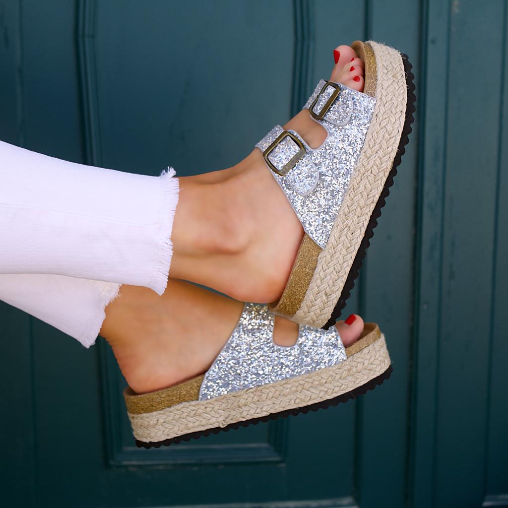 Mules plate-forme espadrilles Paillettes Argenté