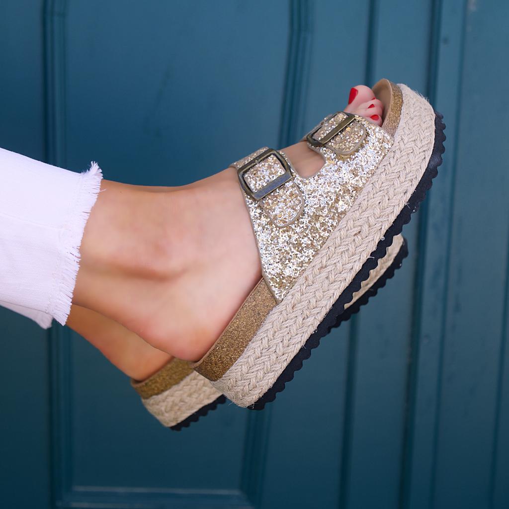 Mules plate-forme espadrilles Paillettes Doré