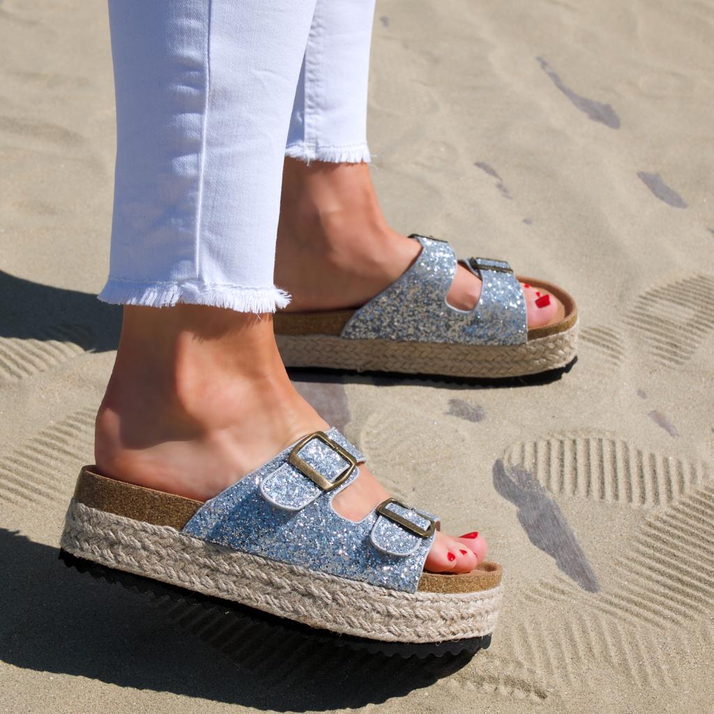 Mules plate-forme espadrilles Paillettes Argenté