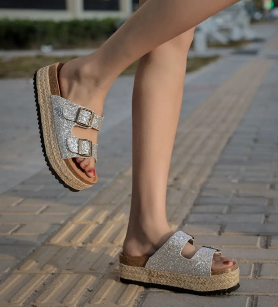 Silver Glitter Espadrilles Platform Mules